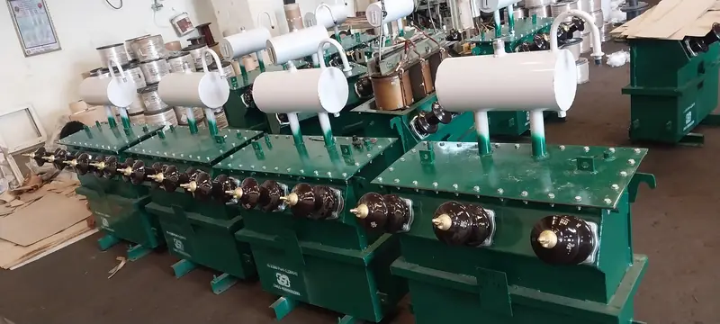 Distribution transformers in final assembly at Dynamech, Bhopal
