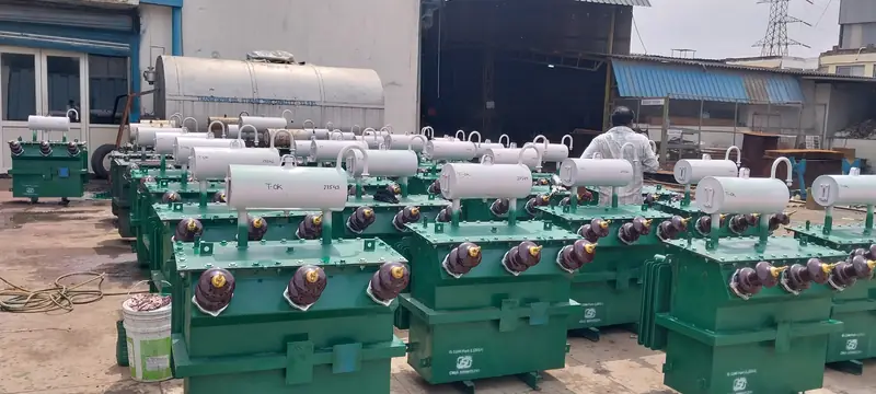 Distribution transformers in the Dynamech yard ready for utility dispatch