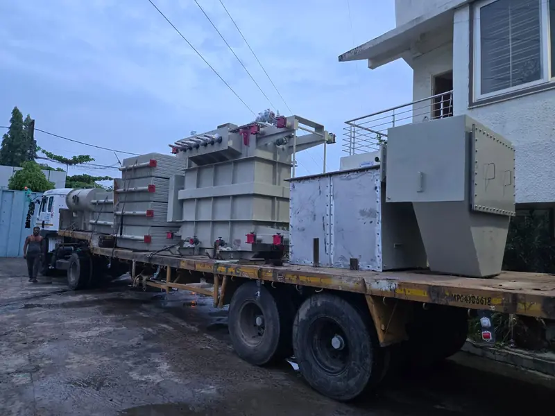 Power transformer in transit on a hydraulic trailer